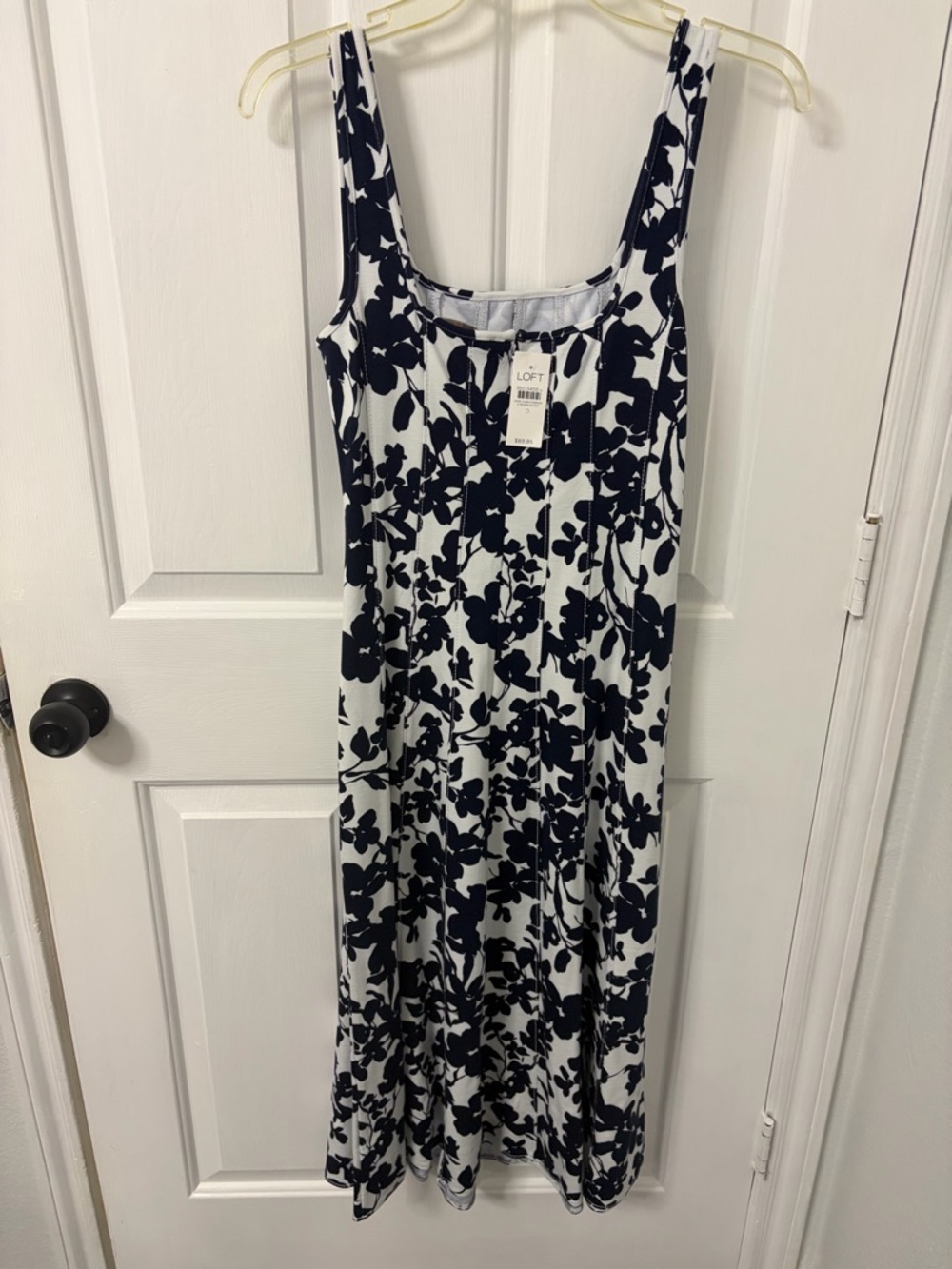 LOFT Navy and White Floral Seamed Midi Dress